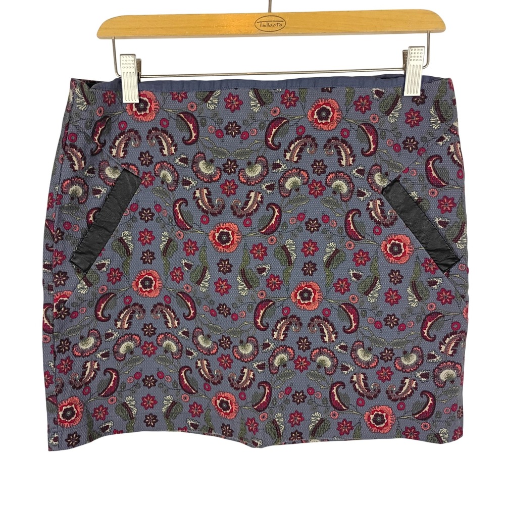 Joe Boxer Women Blue Paisley Tapestry Mini Skirt Faux Leather Trim pockets Large